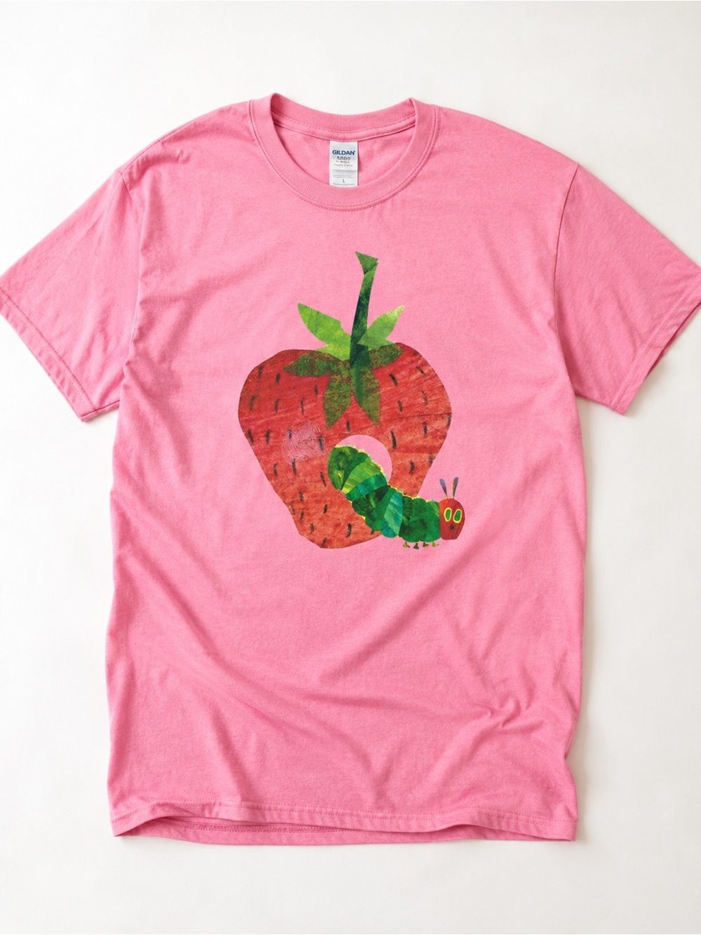 Gildan Pink Tee with Strawberry and Green Caterpillar Print